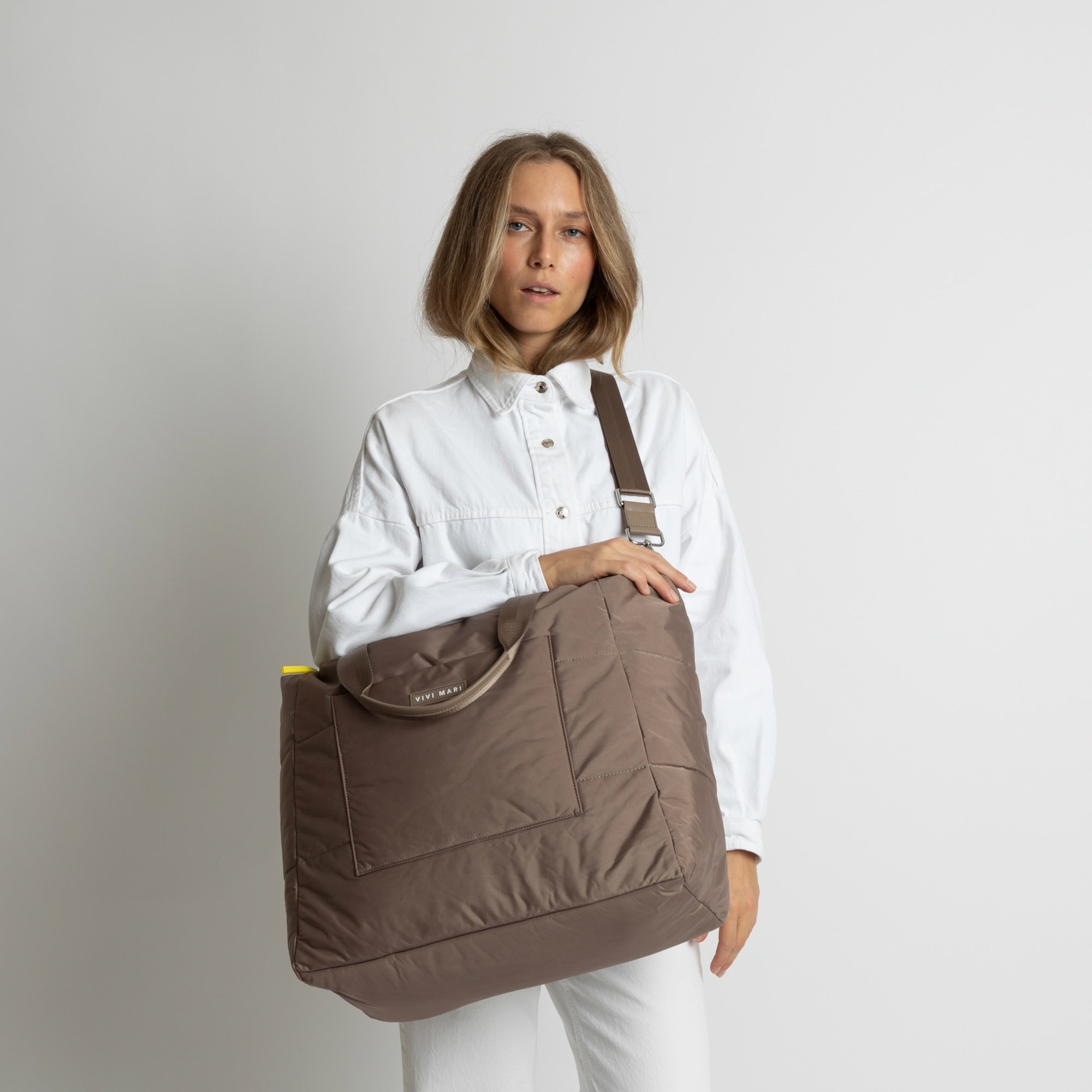 padded tote bag large + strap basic woven slim - dark mushroom - VIVI MARI