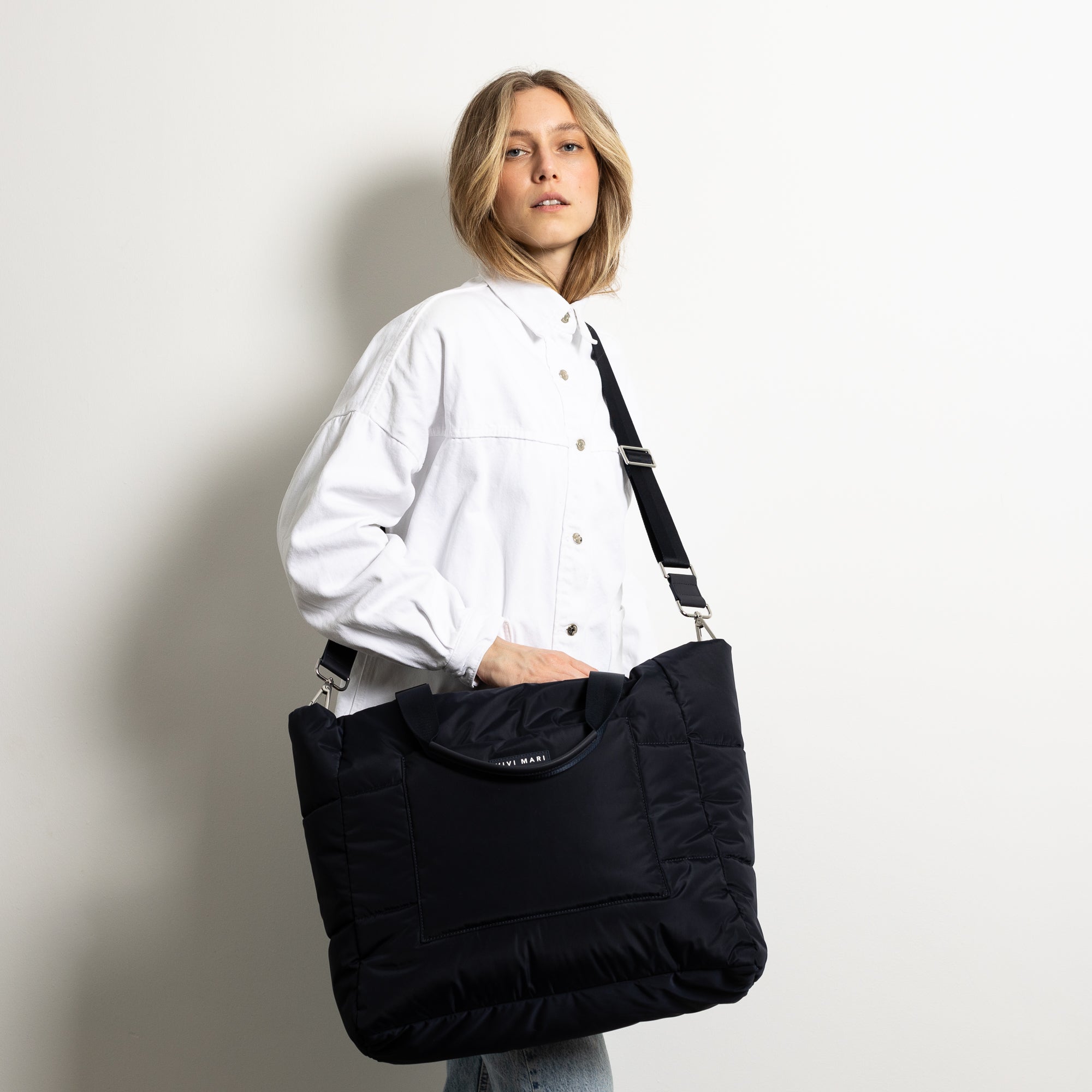 padded tote bag large + strap basic woven slim - navy - VIVI MARI