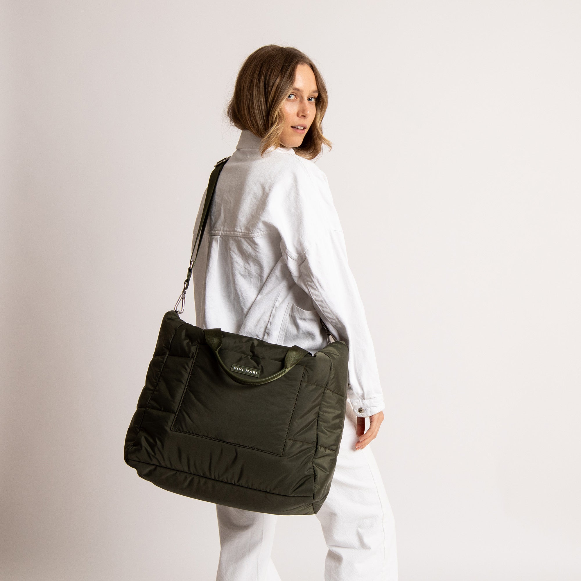 padded tote bag large + strap basic woven slim - olive - VIVI MARI