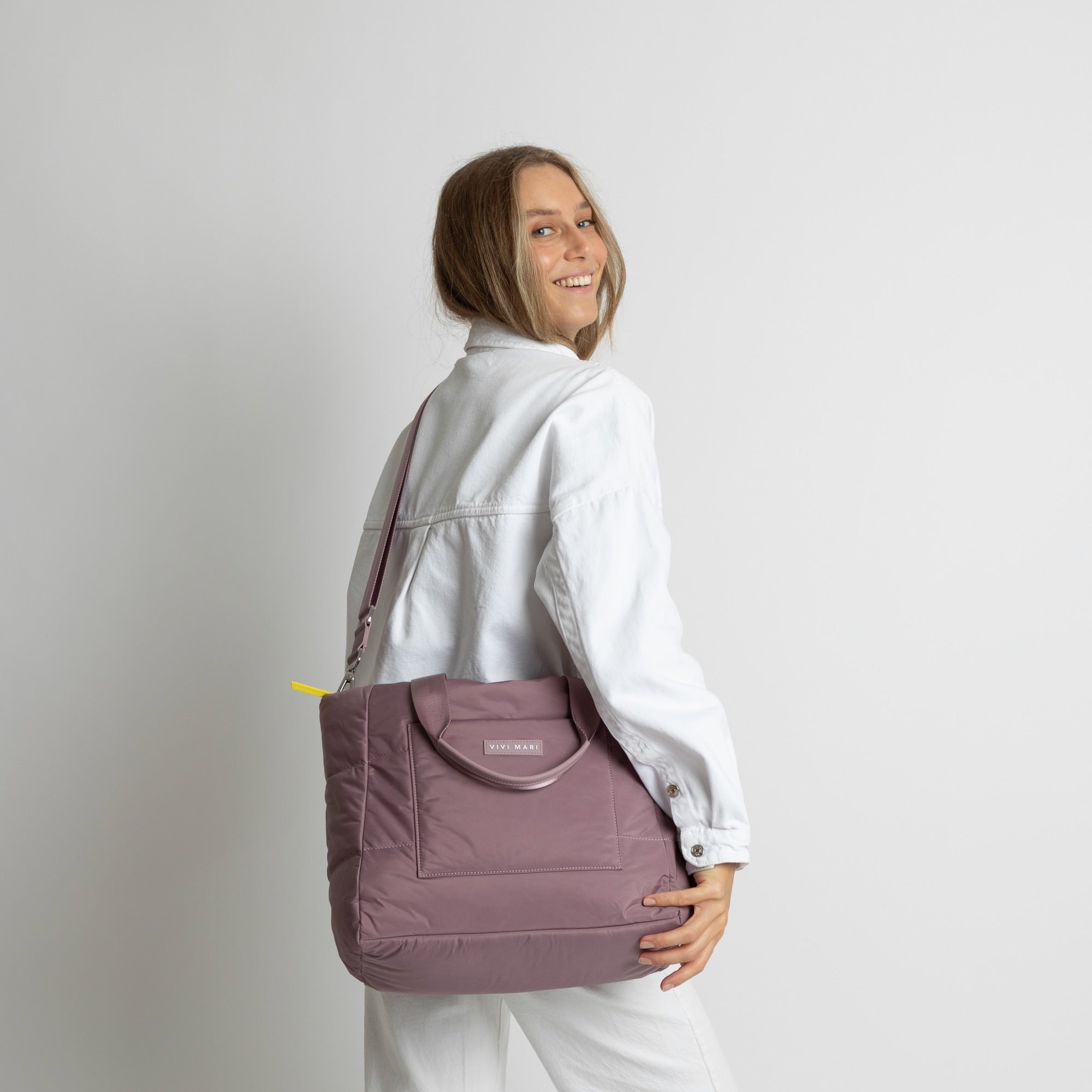padded tote bag medium + strap basic woven slim - ash plum - VIVI MARI