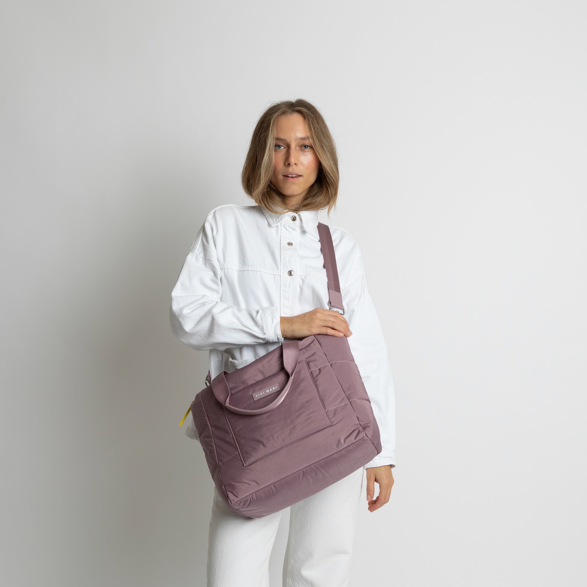 padded tote bag medium + strap basic woven slim - ash plum - VIVI MARI