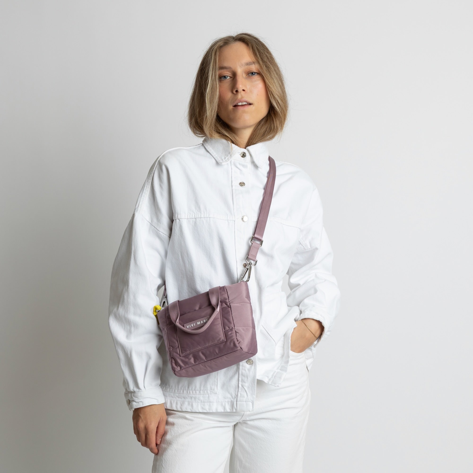 padded tote bag mini + strap basic woven slim - ash plum - VIVI MARI