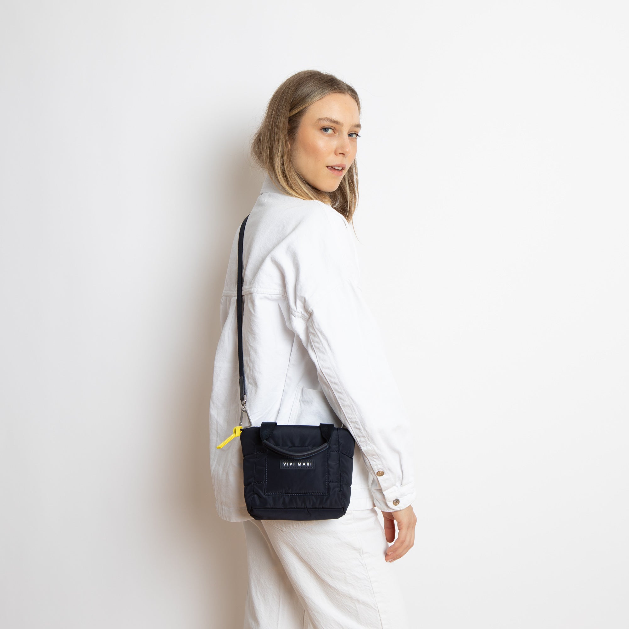 padded tote bag mini + strap basic woven slim - navy - VIVI MARI