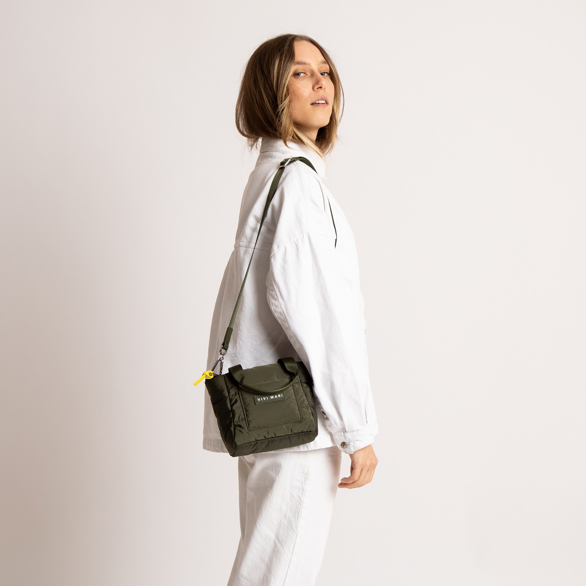 padded tote bag mini + strap basic woven slim - olive - VIVI MARI