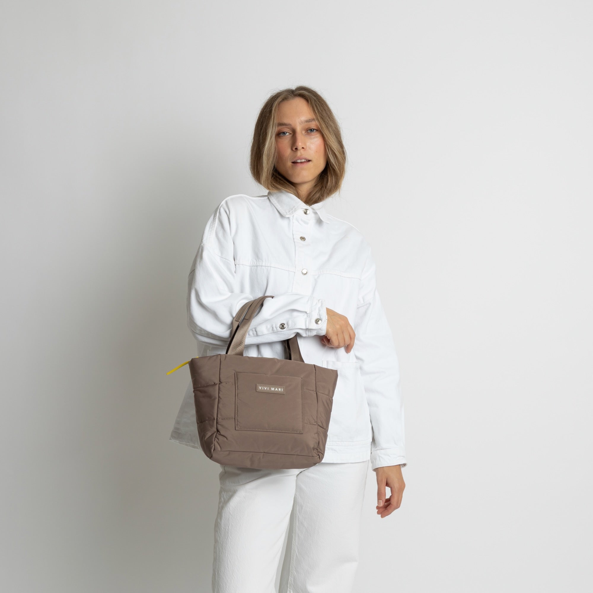 padded tote bag small + strap basic woven slim - dark mushroom - VIVI MARI