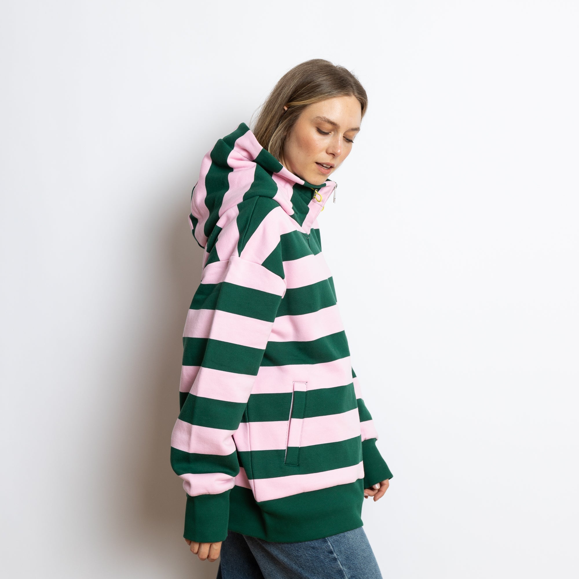 Sweat Jacket hoodie - bold stripes green/rosé - VIVI MARI