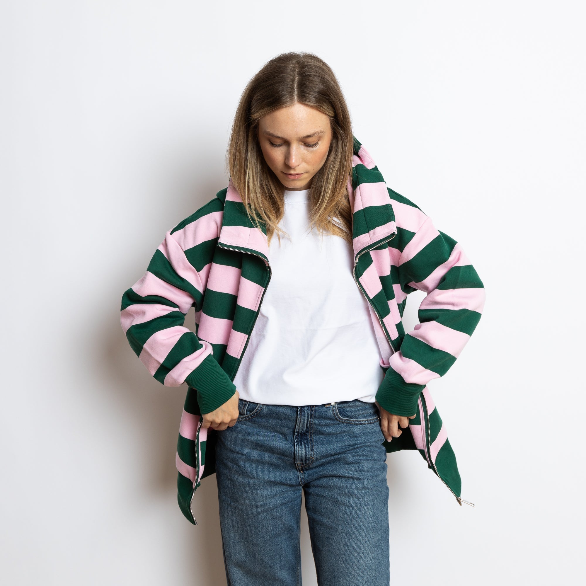 Sweat Jacket hoodie - bold stripes green/rosé - VIVI MARI