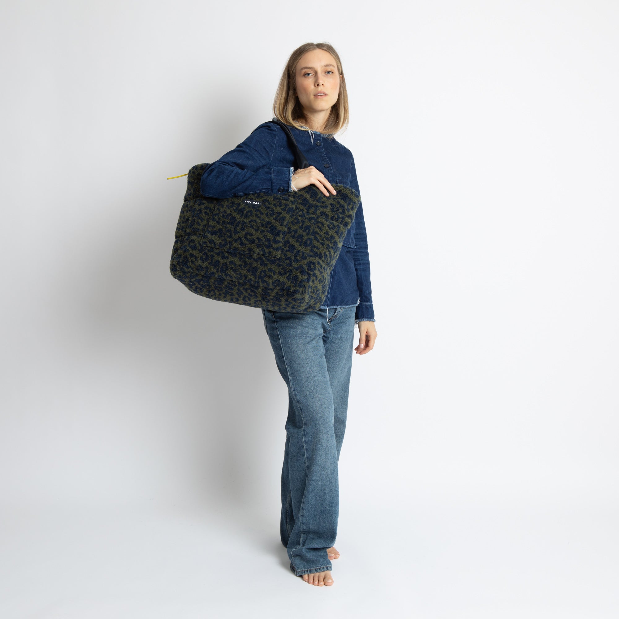 Teddy Tote Bag large + strap basic woven slim - leo splashes navy/olive - VIVI MARI