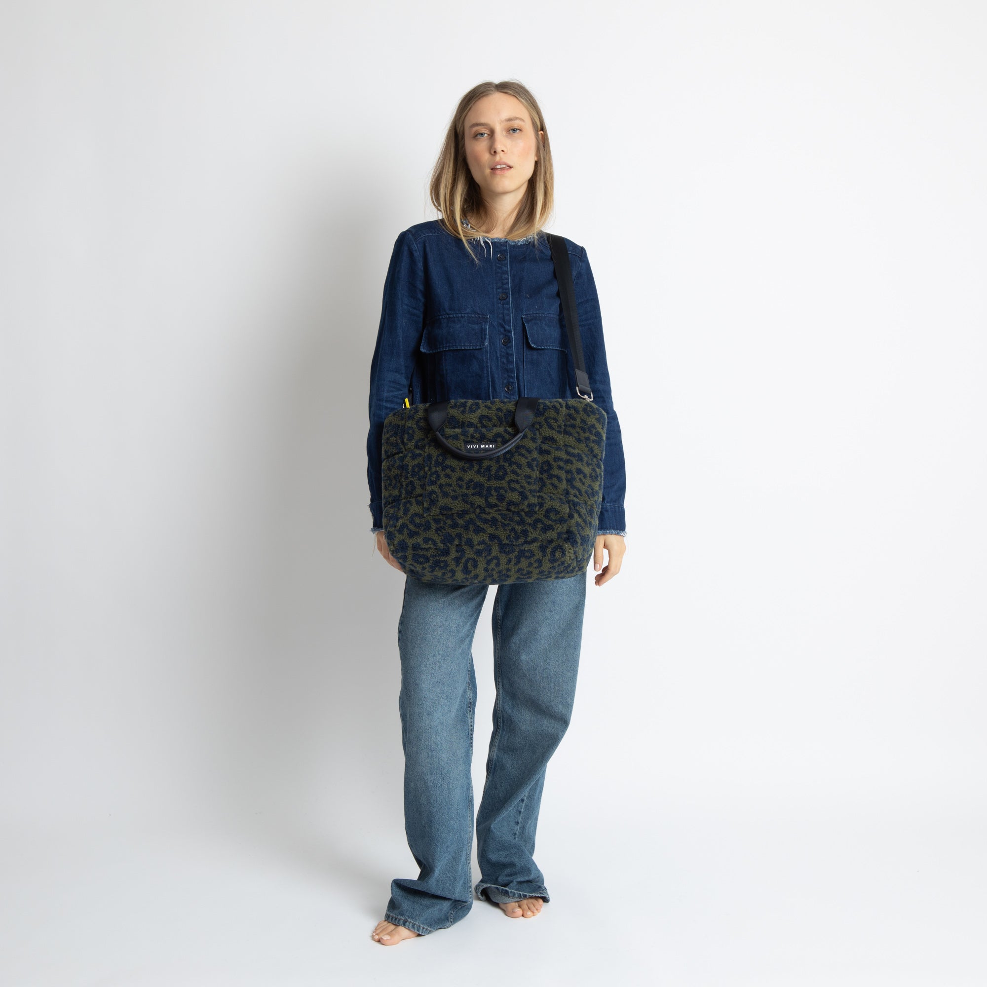 Teddy Tote Bag medium + strap basic woven slim - leo splashes navy/olive - VIVI MARI