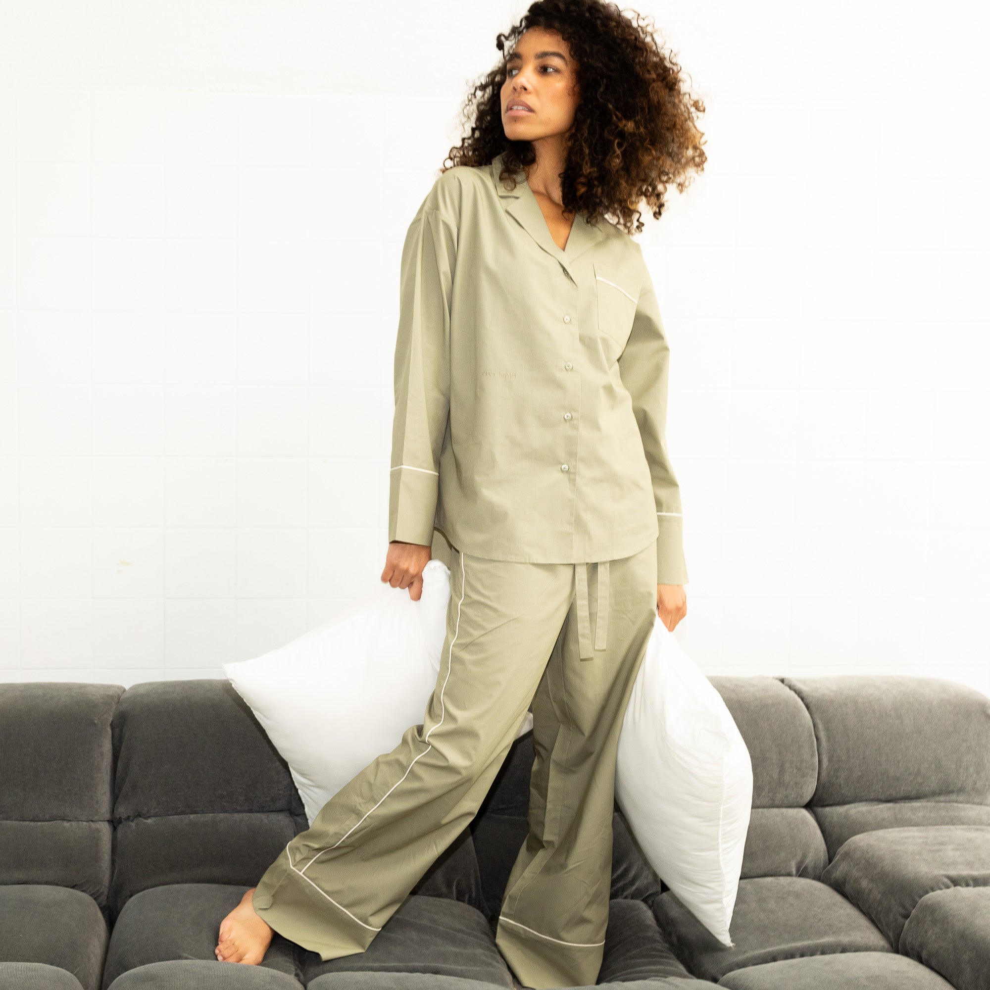 Pyjama Set (Pants + Shirt long sleeve) - solid pale olive - VIVI MARI