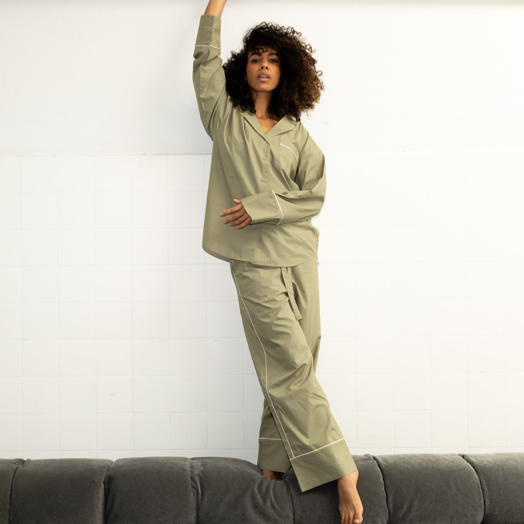 Pyjama Set (Pants + Shirt long sleeve) - solid pale olive - VIVI MARI